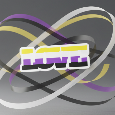 Non-binary pride LOVE magnet with layered ribbon-like stripes on a gray background