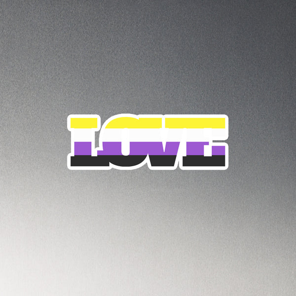Non-binary pride flag magnet with raised white lettering on a gray background