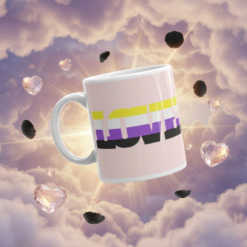 Angled white mug with nonbinary flag colors floating among clouds and crystal hearts