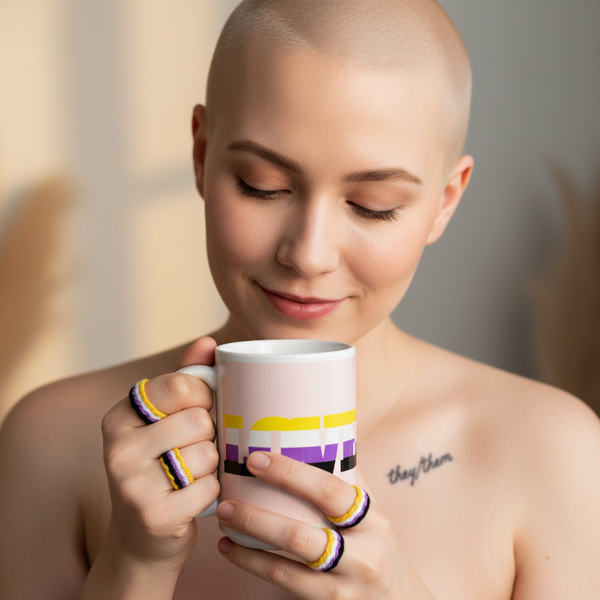 Non-Binary Love Mug held by a bald, person with purple and yellow rings, “they/them” collarbone tattoo, soft lighting