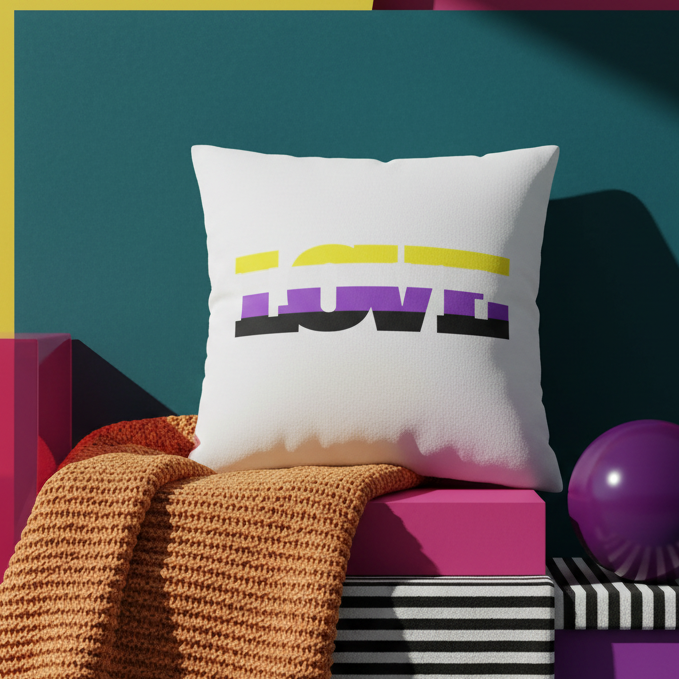 Non-Binary Love Pillow with “LOVE” in black, purple, yellow, and white letters on orange blanket