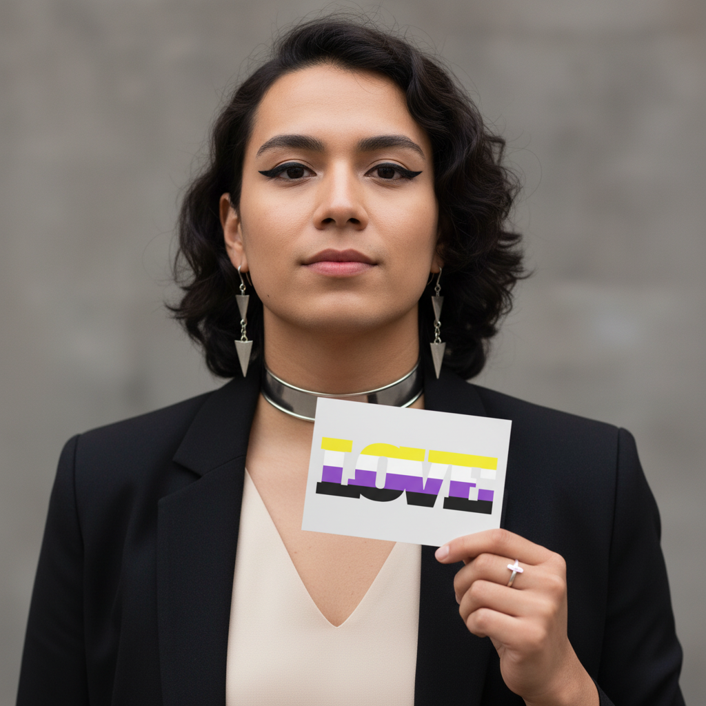 Non-binary Love Postcard with yellow, white, purple, and black stripes held by person in a black blazer, light shirt