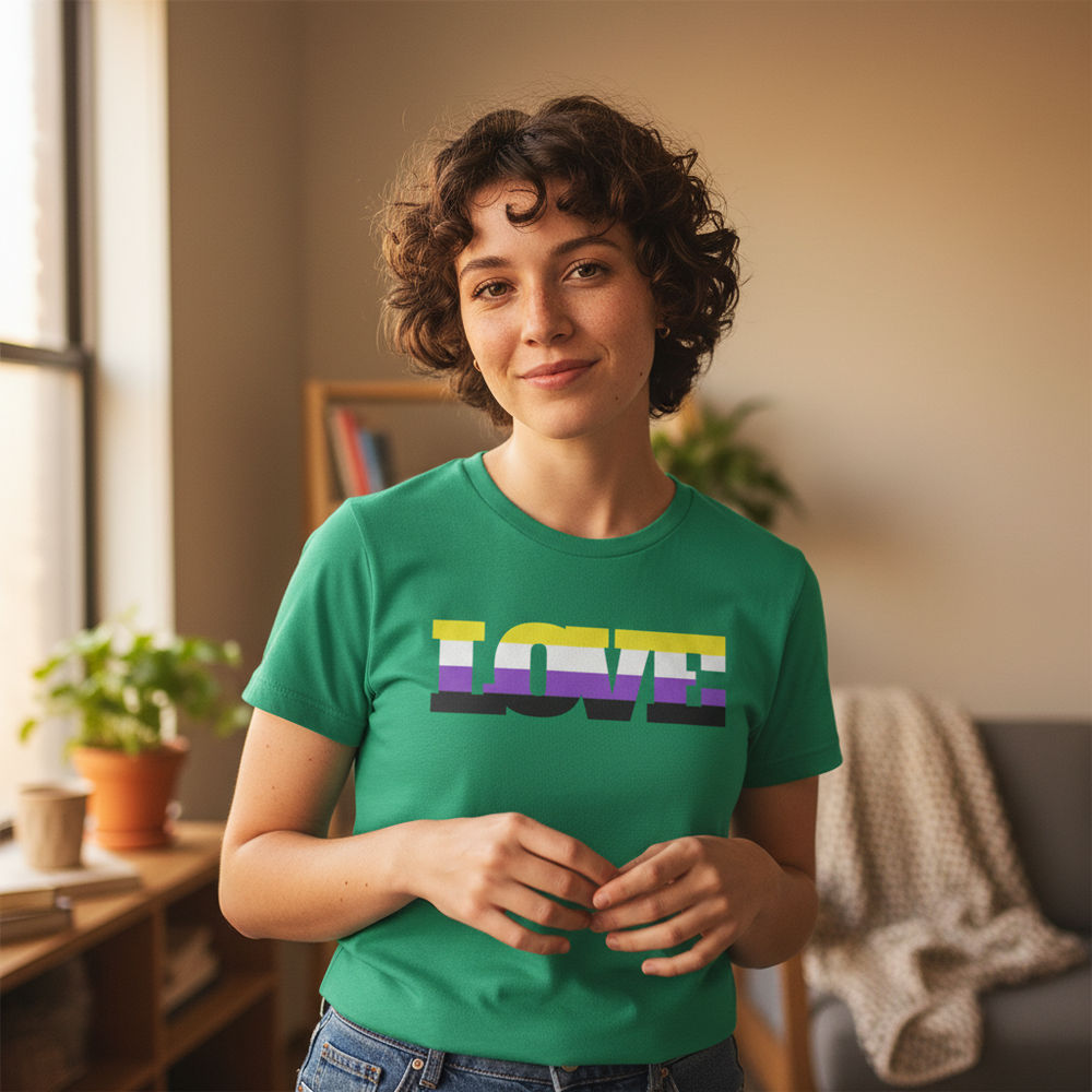 Non-Binary Love T-Shirt: green unisex tee with "LOVE" in bold yellow, white, purple, and black stripes
