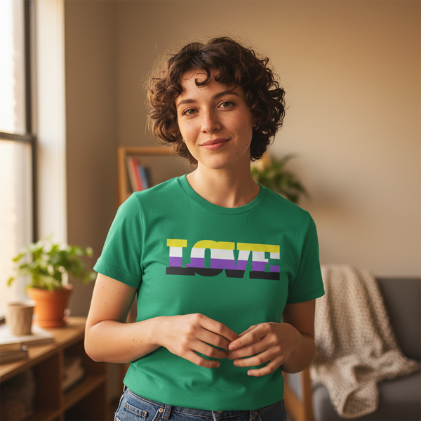 Non-Binary Love T-Shirt: green unisex tee with 