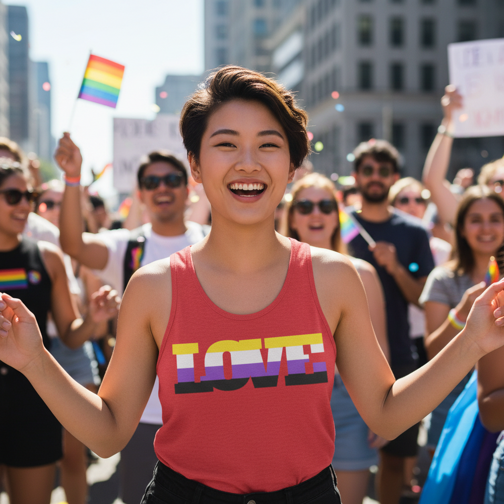 Non-Binary Love Unisex Tank Top worn by a short-haired person at a sunny Pride parade
