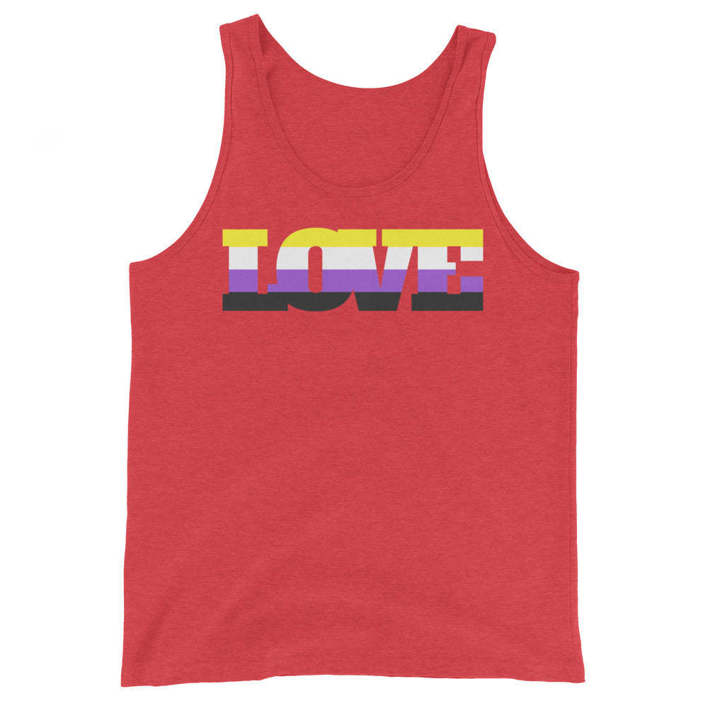 Unisex tank top with “LOVE” in bold, nonbinary pride flag stripes; sleeveless queer fit for workouts or chill