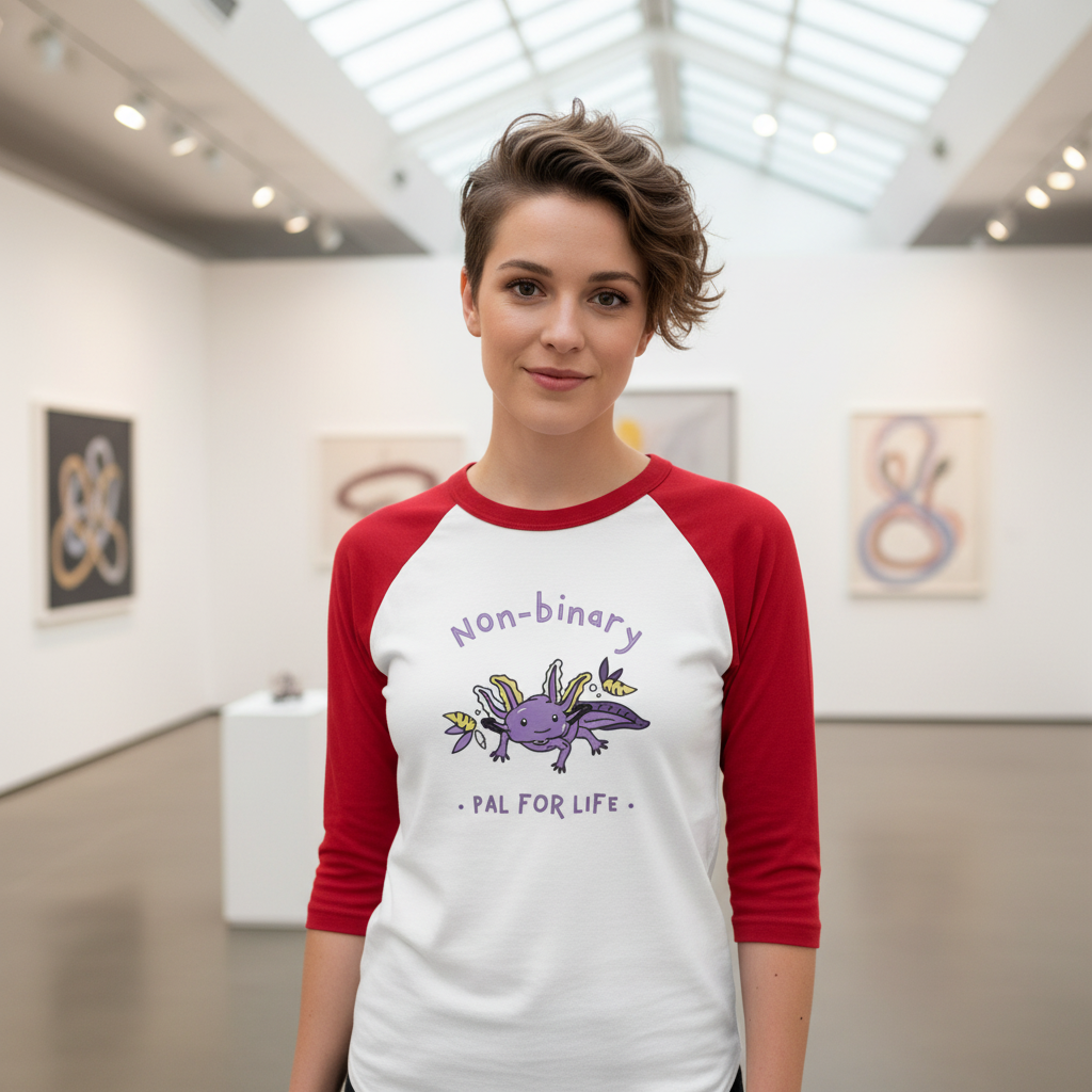 Non-Binary Pal For Life 3/4 sleeve raglan shirt with purple axolotl; person with brown hair smiles in art gallery