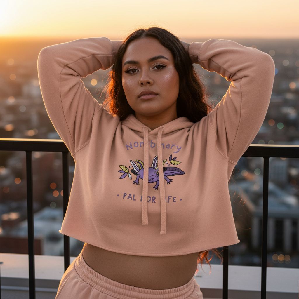Non-Binary Pal For Life crop hoodie with a purple axolotl and Nonbinary, Pal for Life