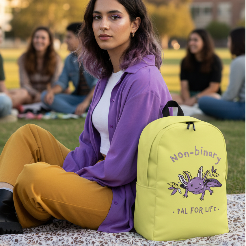 Non-Binary Pal For Life minimalist backpack with a smiling axolotl and “Non-binary PAL FOR LIFE.” Person sits in purple