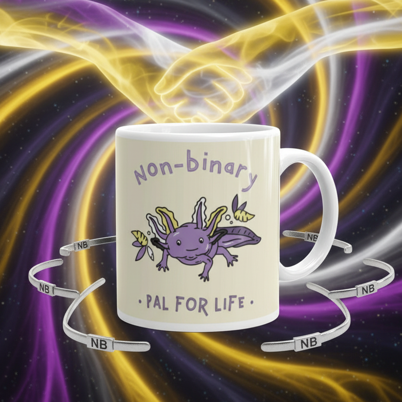 White mug reading “Non-Binary Pal for Life,” with a purple axolotl and NB bracelets