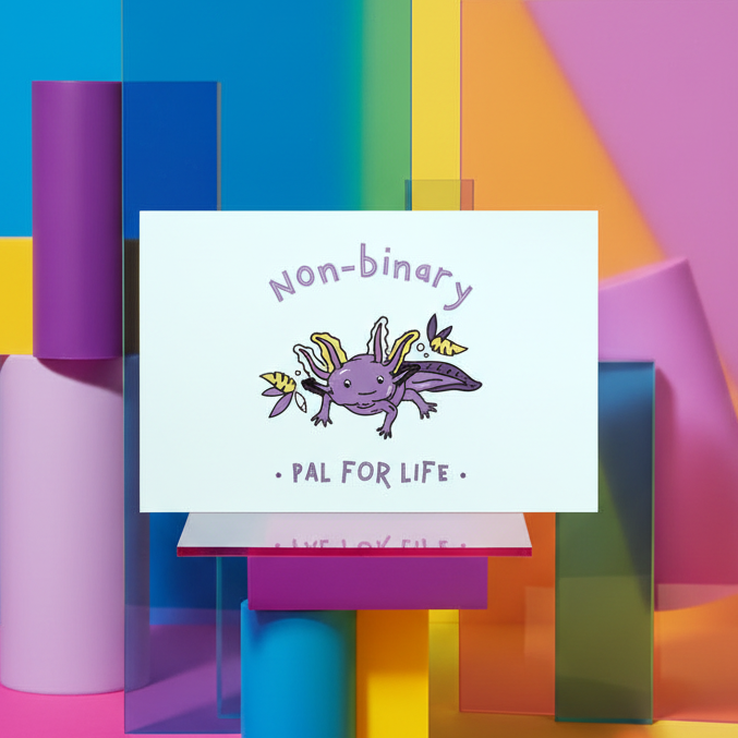 Non-Binary Pal For Life postcard shows a purple axolotl with affirming text