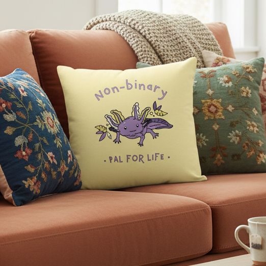 Non-Binary Pal For Life Premium Pillow with a purple axolotl, yellow flowers, and affirming text