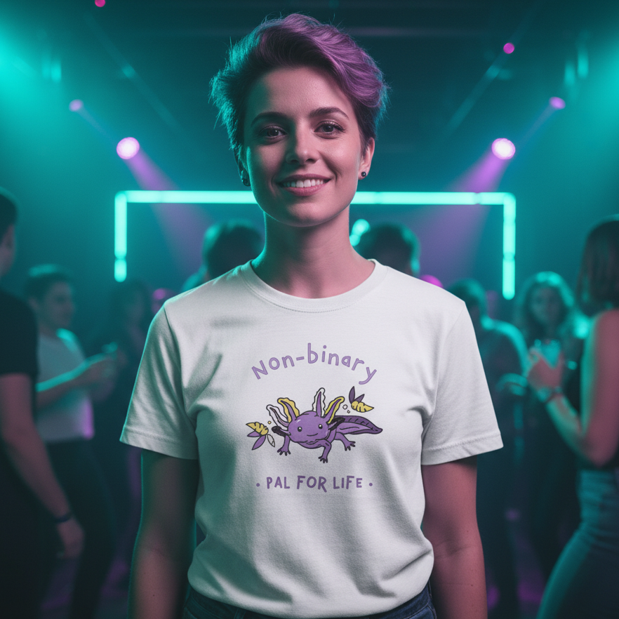 Non-Binary Pal For Life T-Shirt in soft cotton, featuring a cartoon axolotl and Non-binary Pal For Life