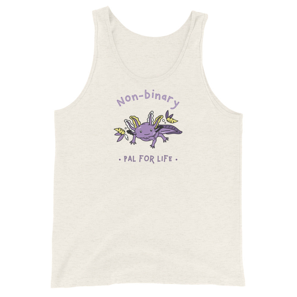 Front view of an off-white tank top with a purple axolotl and “Non-Binary • Pal for Life” text