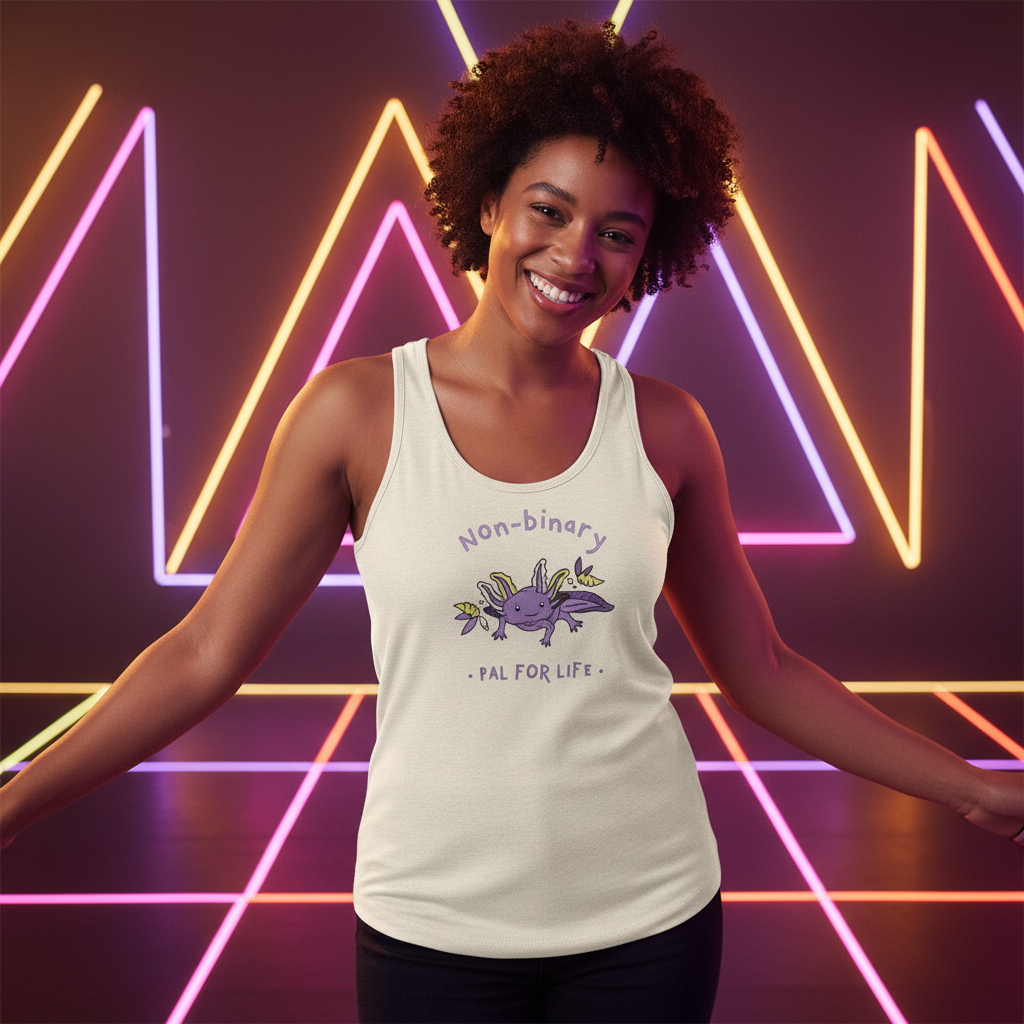 Non-Binary Pal For Life tank top with axolotl and leafy branches; neon pink, yellow, purple shapes pop on a dark backdrop.