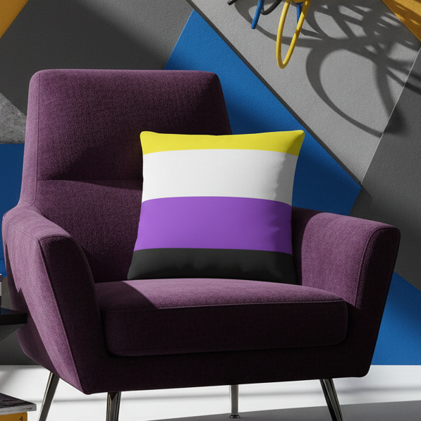 Non-Binary flag pillow in yellow, white, purple, and black on a purple chair; geometric blue, gray, yellow walls