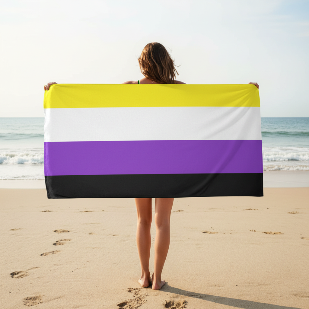 Non-Binary Pride Flag towel with bold yellow, white, purple