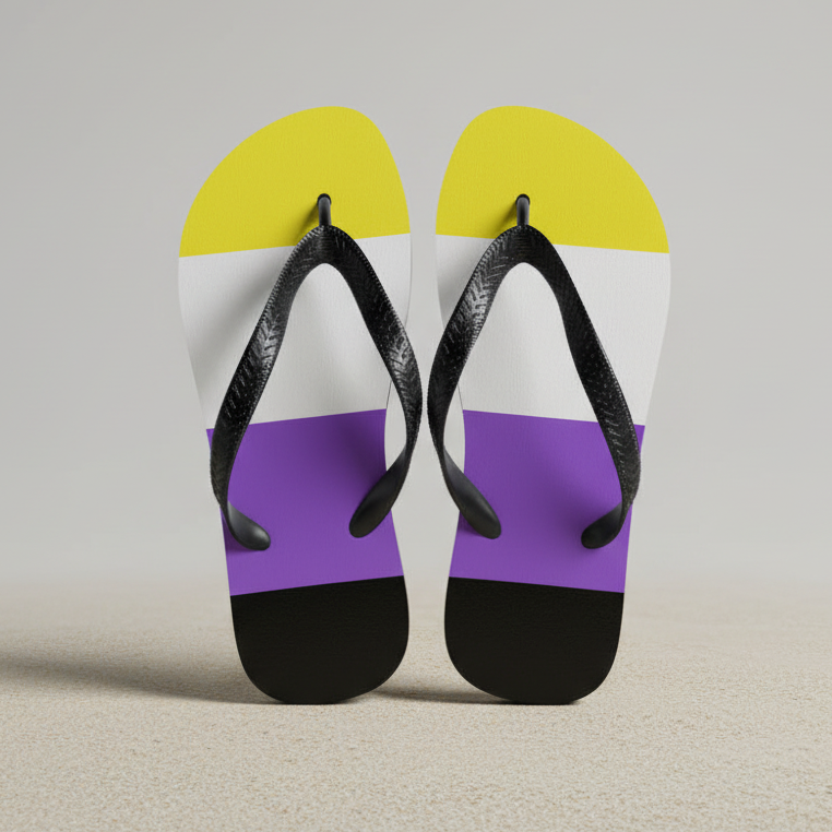 Non-binary pride flip-flops with yellow, white, purple, and black stripes