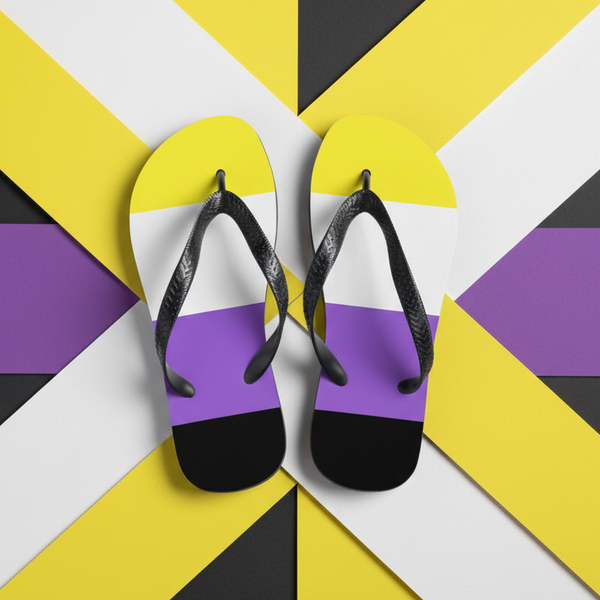 Non-Binary Pride flip-flops in yellow, white, purple, and black rep the flag on a bold geometric background