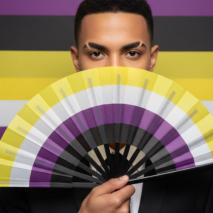 Person holds an open non-binary pride folding fan in front of their face