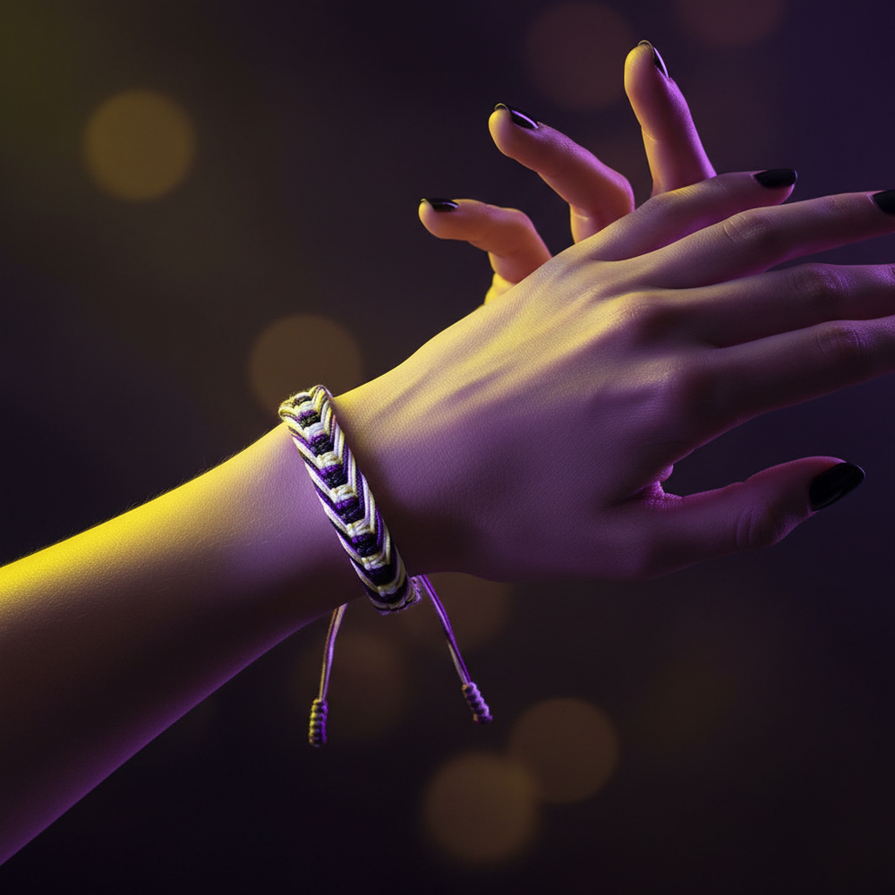 Close-up of a hand wearing a black, white, and purple woven bracelet with dangling ends