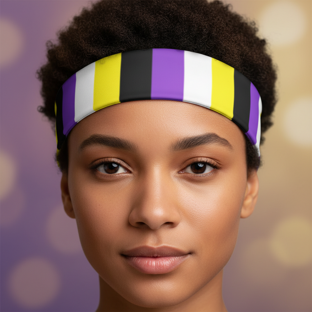 Non-Binary Pride Headband with bold white, black, purple, and yellow stripes, worn by a person with short curls