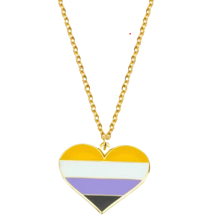 Gold-tone chain necklace with a heart pendant in yellow, white, purple, and black stripes