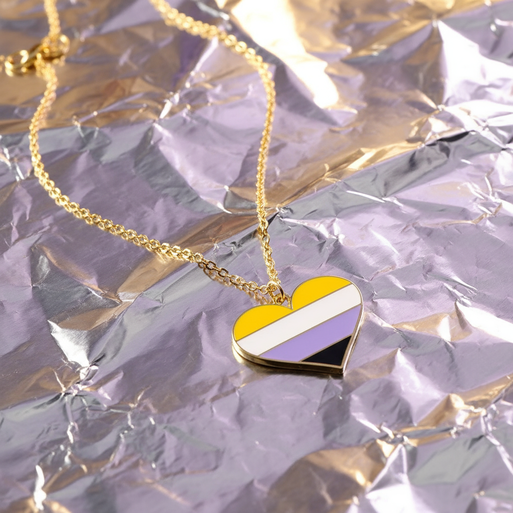 Gold-tone necklace with a heart pendant in yellow, white, purple, and black stripes