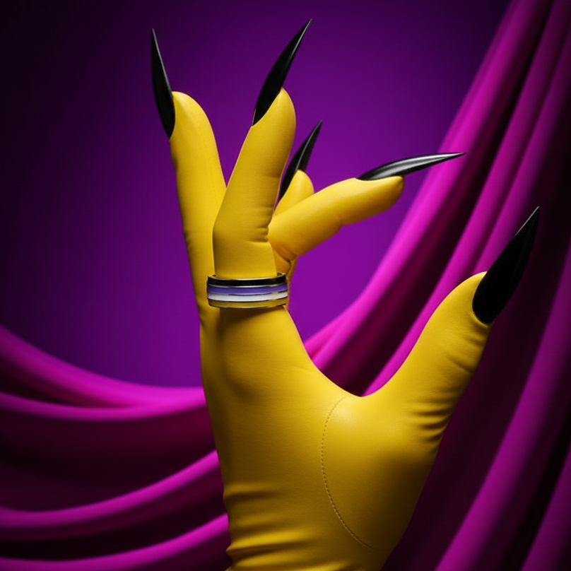 Close-up of a yellow-gloved hand wearing a striped purple, white, and black ring