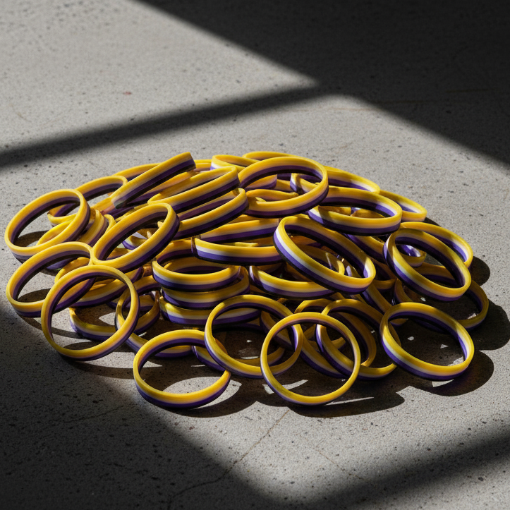 Pile of yellow-and-purple rubber wristbands scattered on a sunlit concrete floor