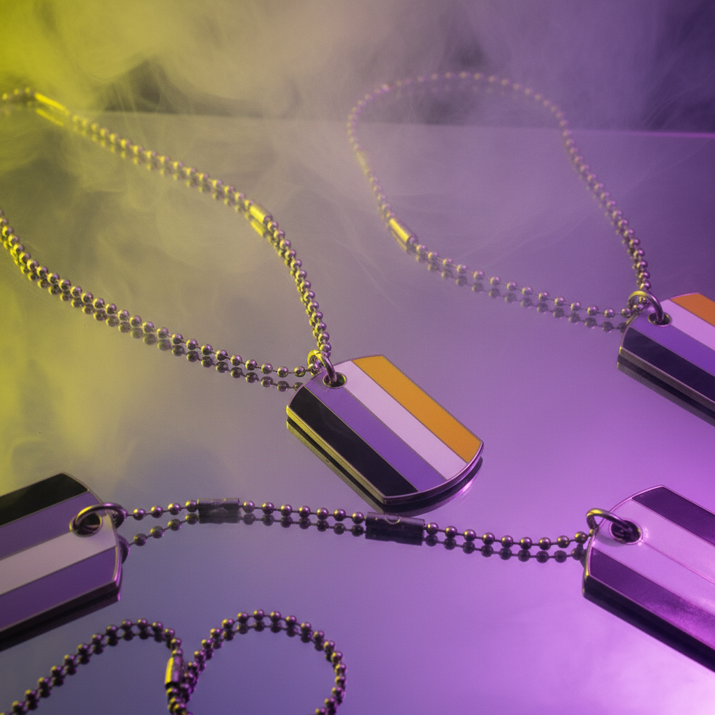 Several black tag necklaces with purple, white, and yellow stripes on a smoky purple surface
