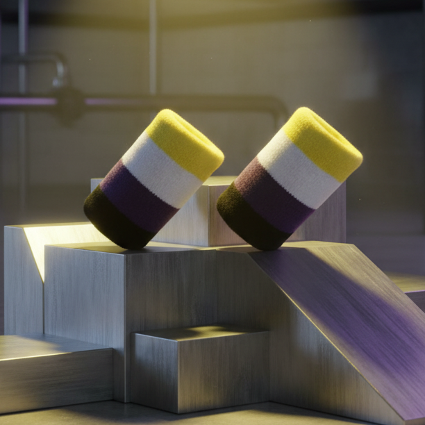 Two nonbinary pride wrist sweatbands leaning against metallic blocks