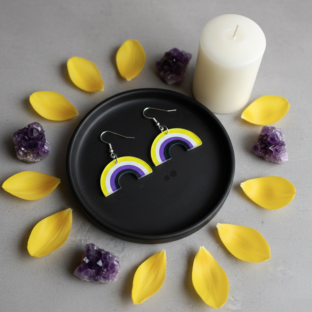 Rainbow arch dangle earrings arranged on a black dish with petals, amethyst, and a candle