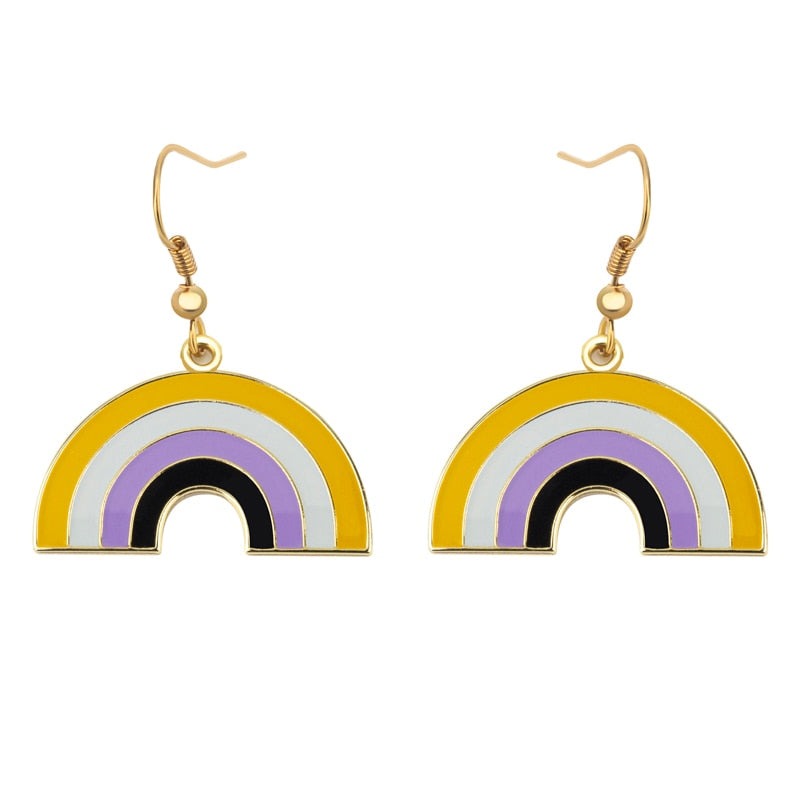 Pair of gold-tone rainbow arch earrings with yellow, gray, purple, and black enamel bands