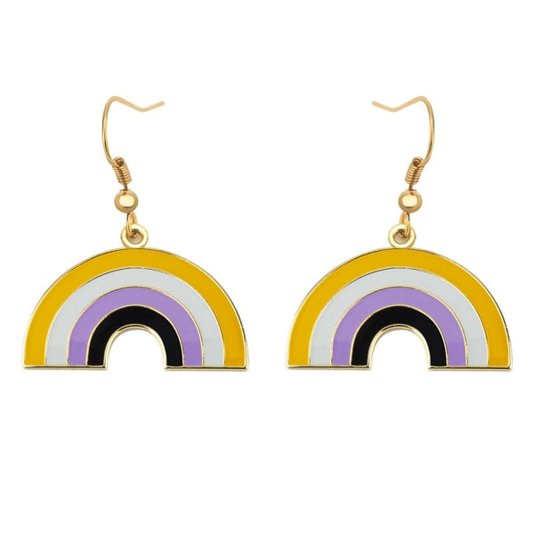 Pair of gold-tone rainbow arch earrings with yellow, gray, purple, and black enamel bands