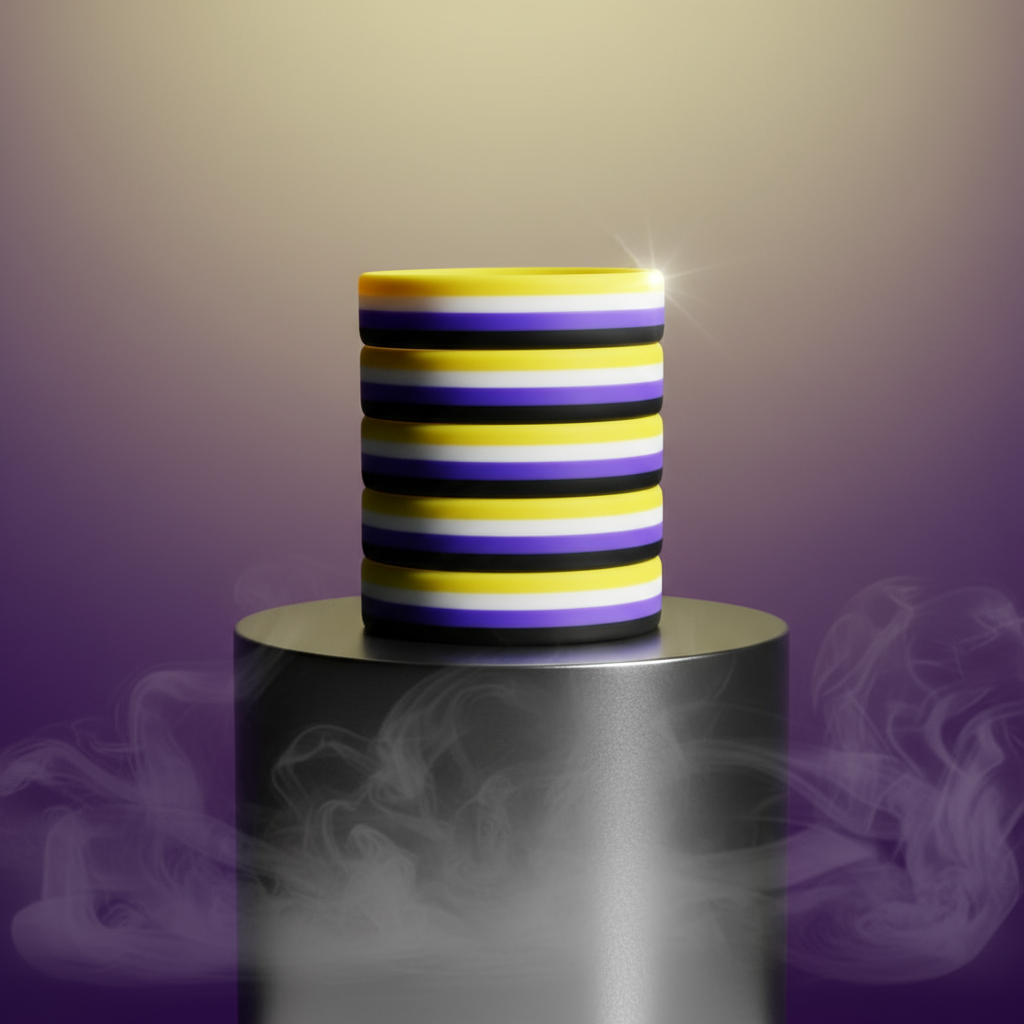 Five non-binary pride rubber wristbands stacked on a pedestal amid purple smoke