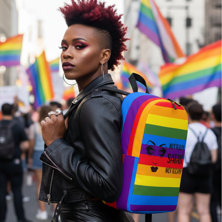 Not Today Satan Minimalist Backpack worn at a vibrant pride parade, paired with a black leather jacket
