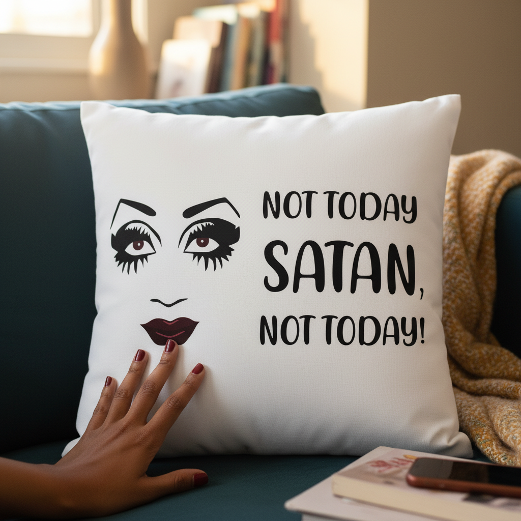 Hand resting on the "NOT TODAY SATAN, NOT TODAY!" premium pillow with bold makeup art