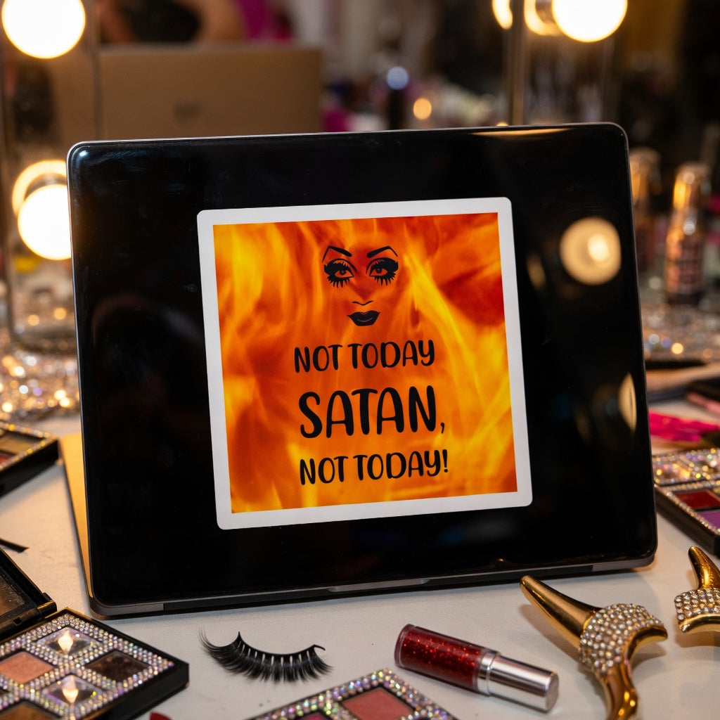 Not Today Satan bubble-free sticker and custom vinyls pop on a laptop, bold text, dramatic brows
