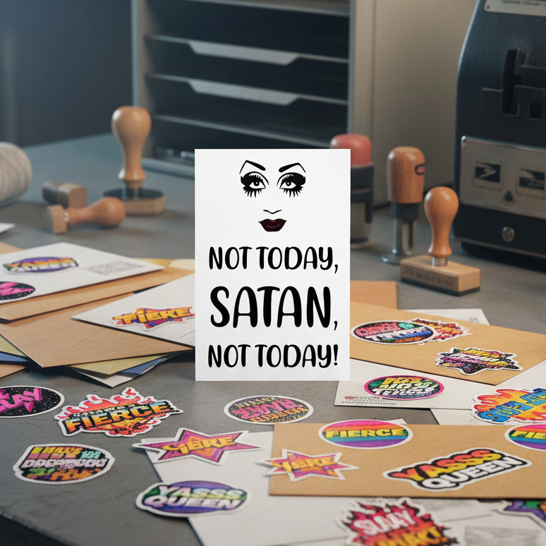 Not Today Satan postcard on a cluttered desk, reads “Not today, SATAN, not today!” Bold makeup art