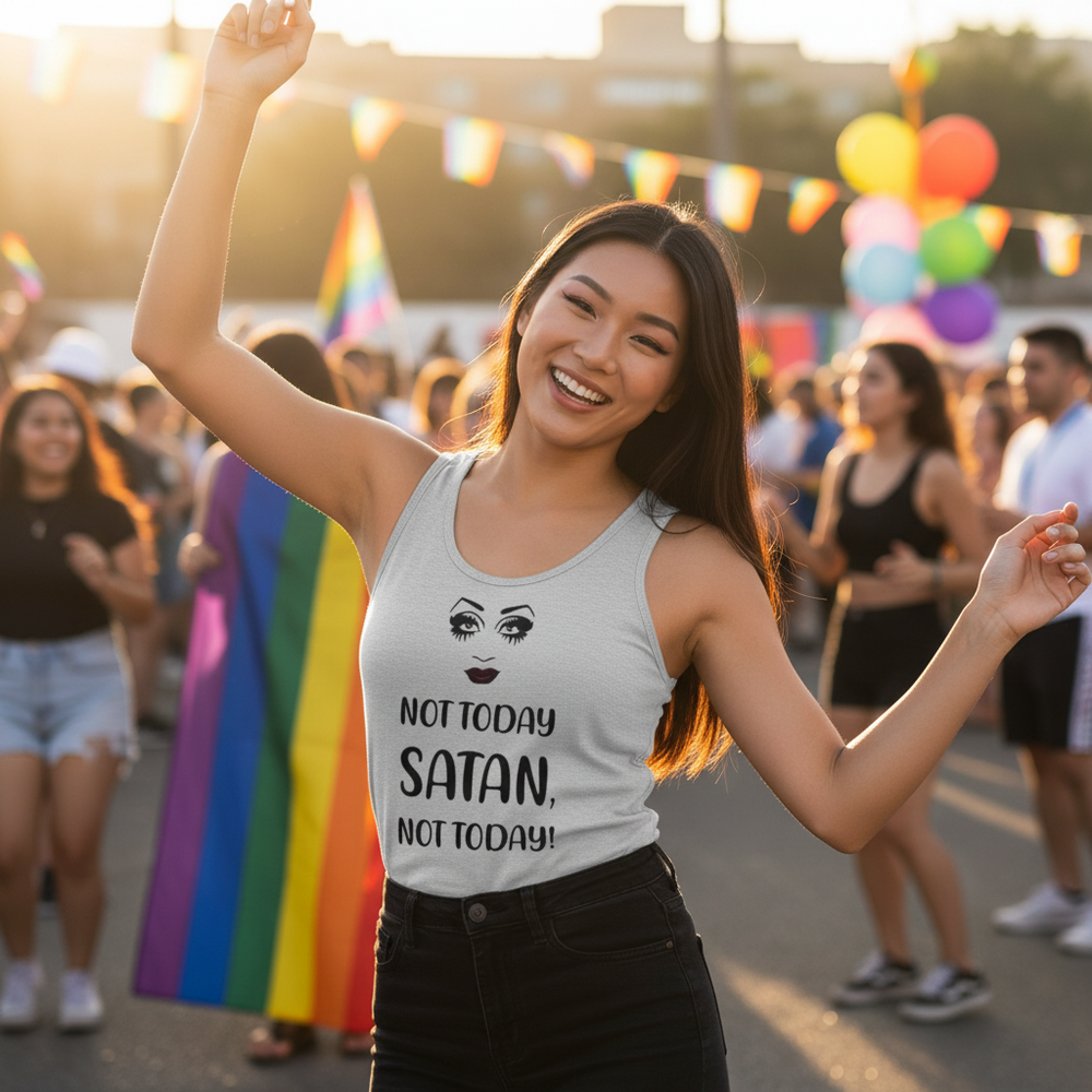 Unisex tank top with "Not Today Satan" slogan, worn by a smiling person dancing at Pride with rainbow flags and LGBTQ+