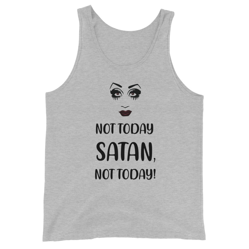 Unisex light gray tank top with bold stylized eyes, dramatic lashes, dark lips above “NOT TODAY SATAN, NOT TODAY!”