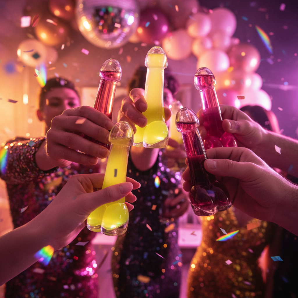 Friends in festive outfits clink colorful drinks in penis-shaped cocktail glasses, with balloons, confetti, and a disco ball
