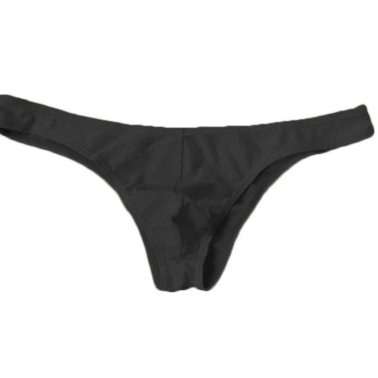 Front view of a black low-waist thong bikini bottom on a white background