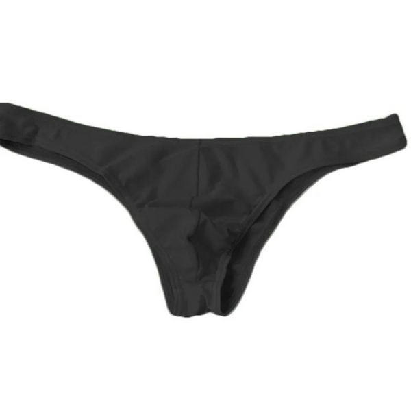 Front view of a black low-waist thong bikini bottom on a white background