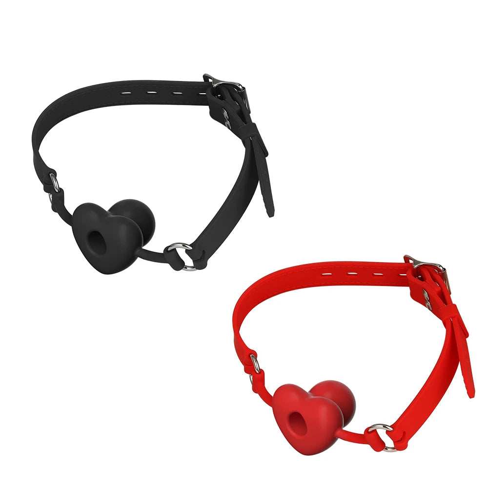 Two adjustable ball gags, one black and one red, shown at an angle on white