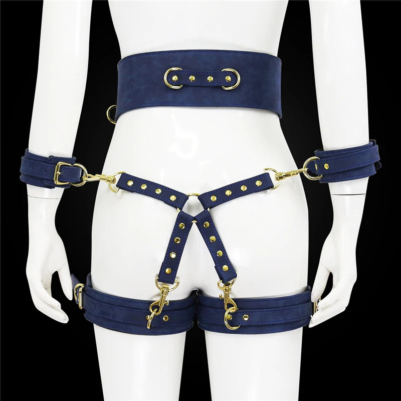 Front view of a navy leather bondage harness set on a white mannequin
