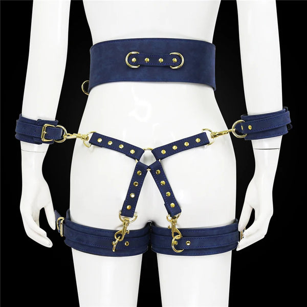 Front view of a navy leather bondage harness set on a white mannequin
