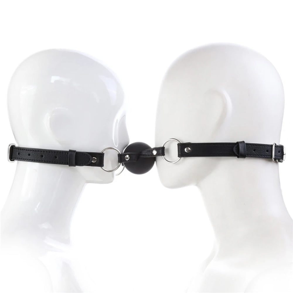 Black double-ball gag strapped between two white mannequin heads in profile
