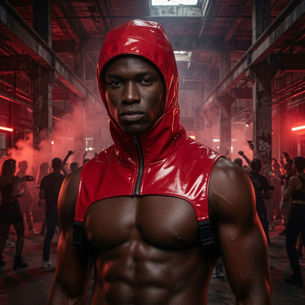 Front-facing model wearing a glossy red hooded PU chest harness at a club